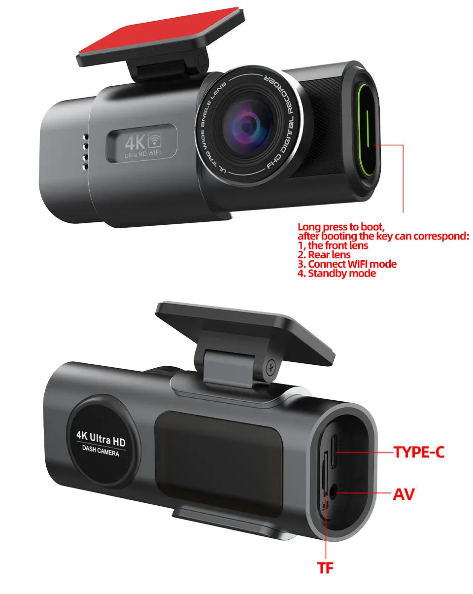 Dash Cam 4K UHD Recording Car Camera DVR Night Vision Built-In Wi-Fi