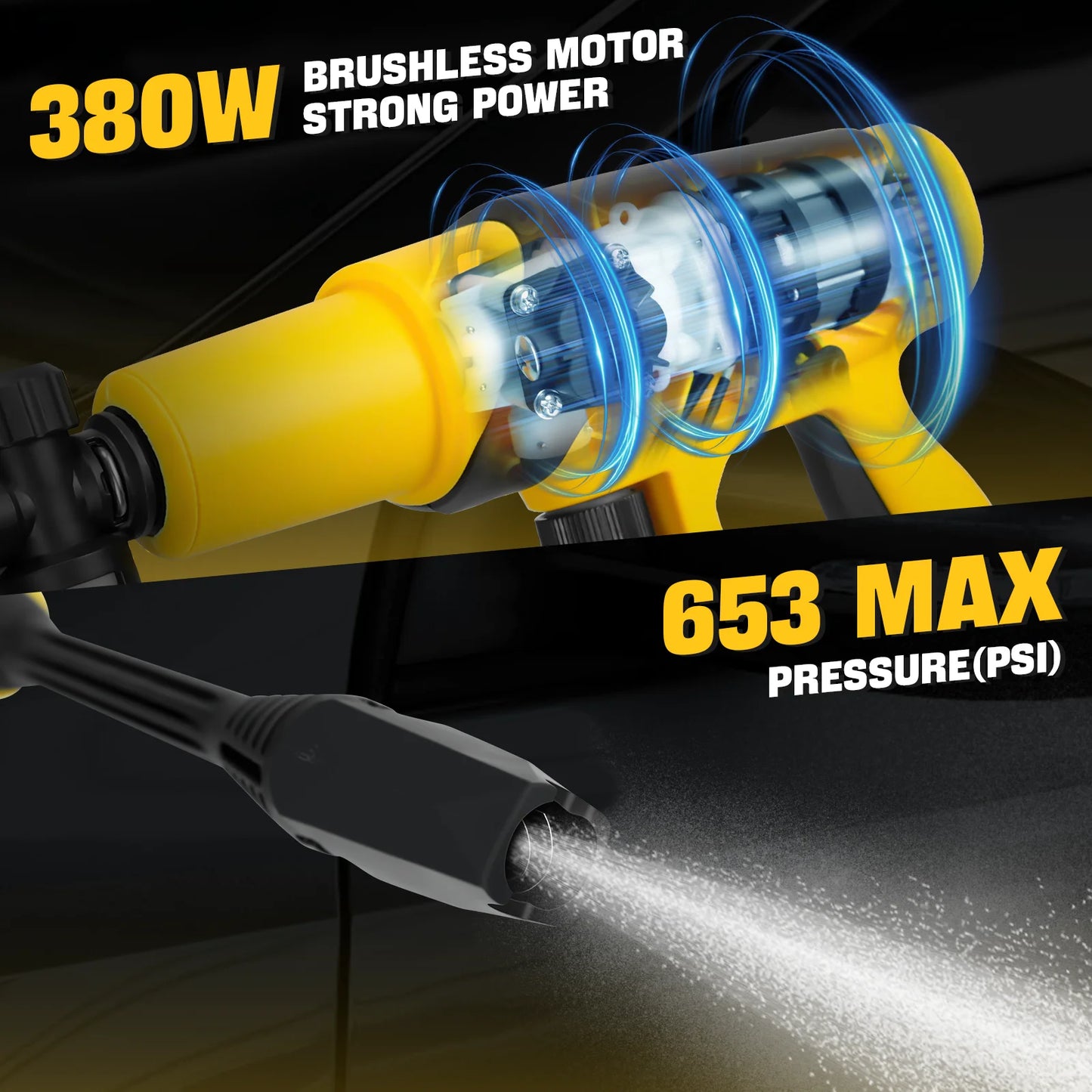 Cordless Pressure Washer 380W Brushless Portable High-Pressure Car Washer Gun 653PSI 3-Speed for Dewalt 20V Battery (No Battery)