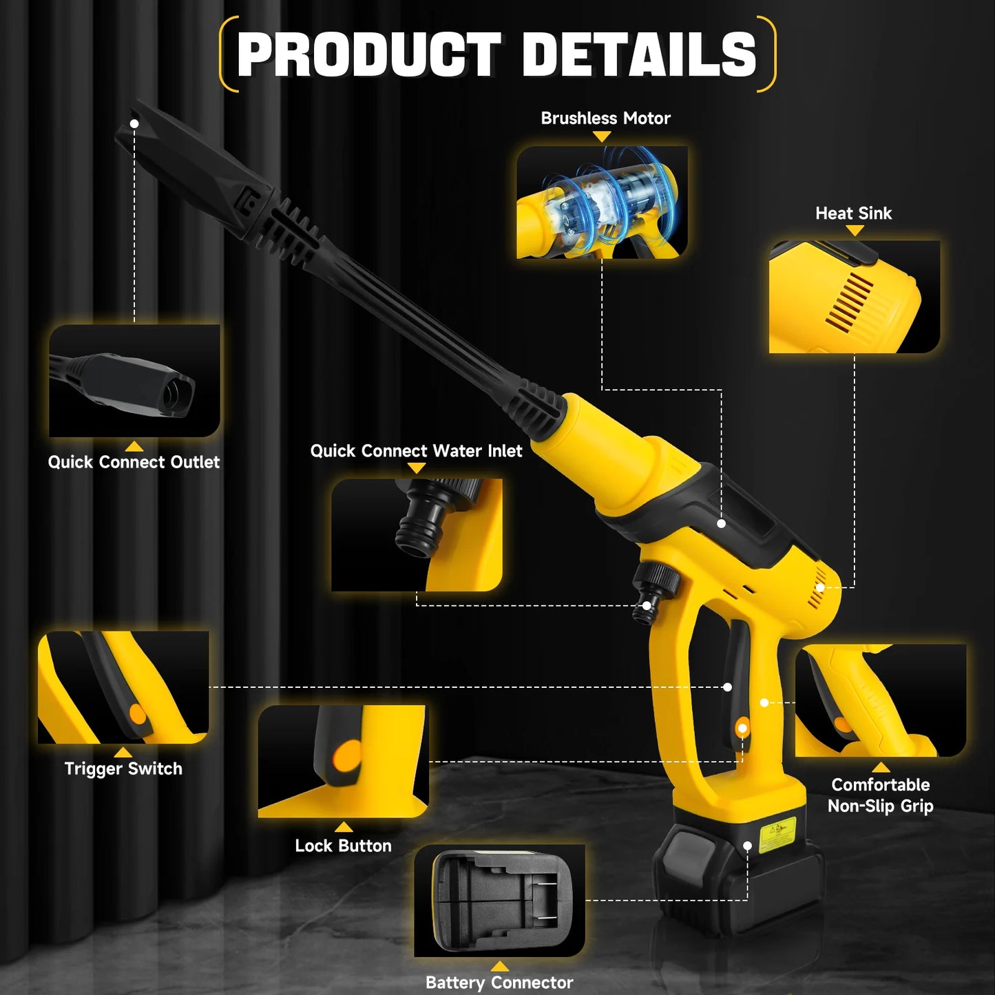 ATP Cordless Pressure Washer 380W Brushless Portable High-Pressure Car Washer Gun 653PSI 3-Speed for Dewalt 20V Battery (No Battery)
