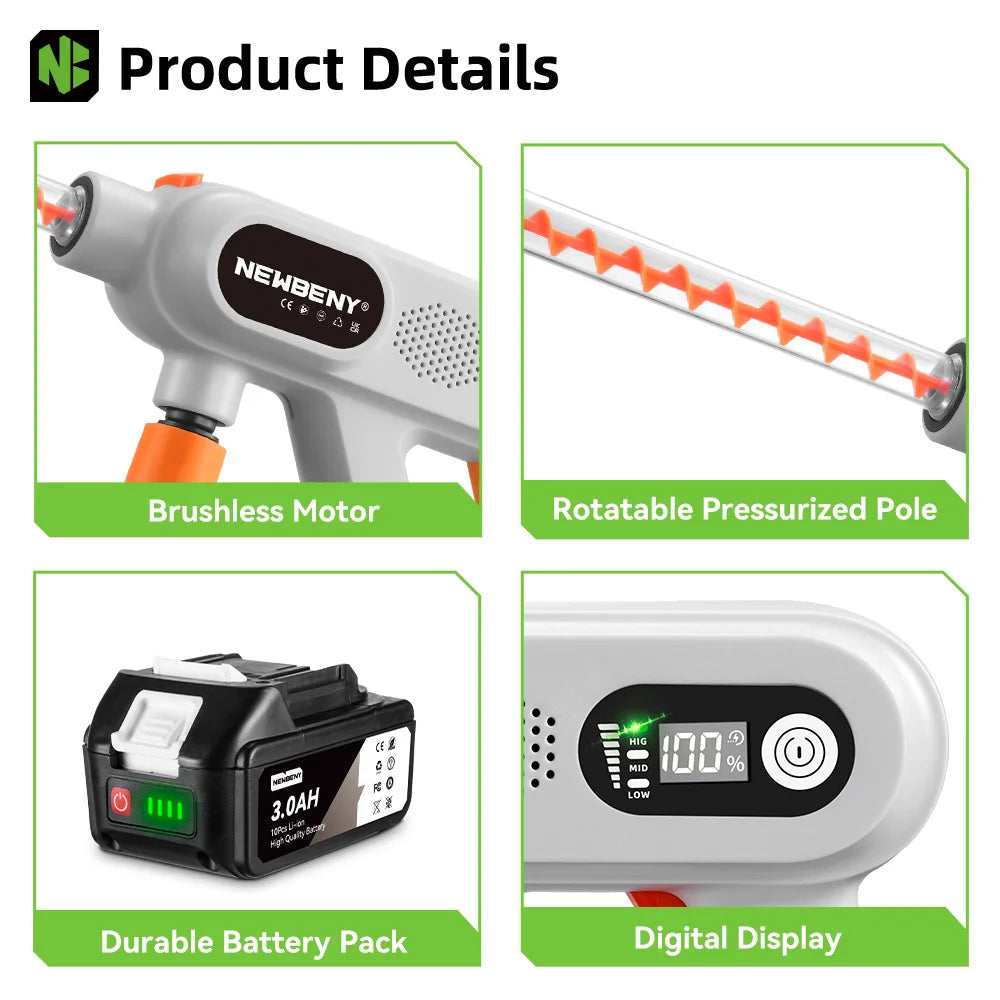 NEWBENY 220Bar Brushless High Pressure Power Car Washer Gun 3 Gears
