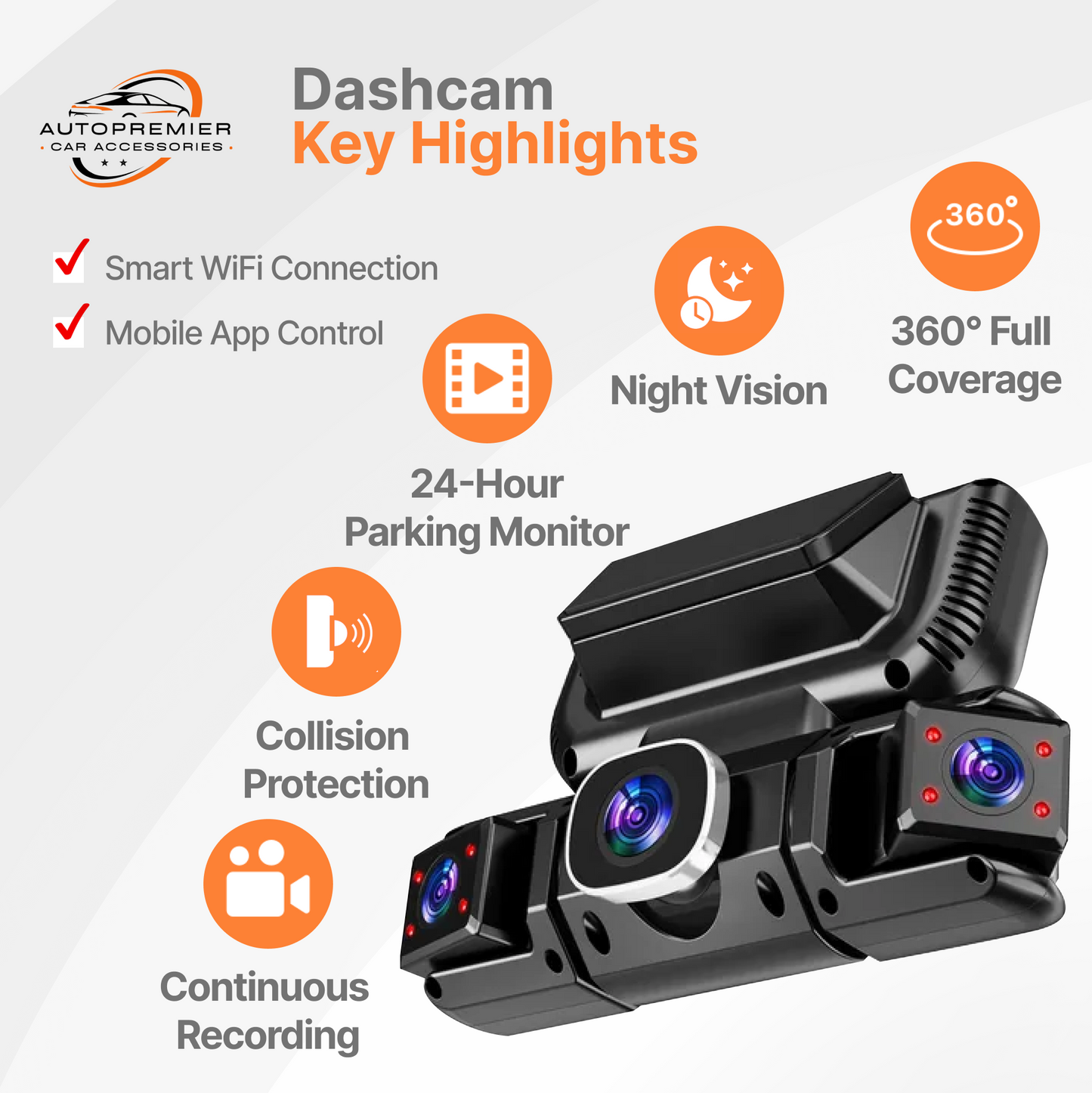 Autopremier 360Guard™, 4CH Dash Cam, Wi-Fi, Loop Recording, G-Sensor, Dual Mount, 64GB Card Included
